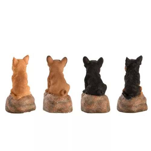 Kövön ülő ugató kiskutya polyresin szobor, 4 féle, kültéri és beltéri dekorációs kiegészítő, csomag, 12 db
