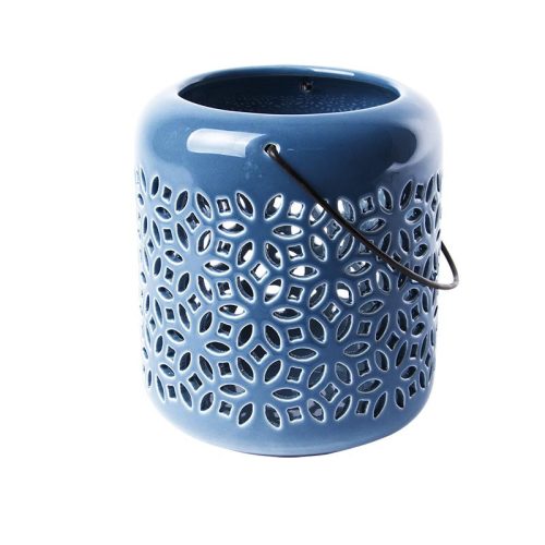 Virág mintás kerámia mécsestartó, sötétkék, 13,5 cm