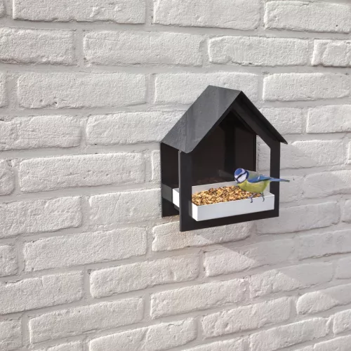 Modern stílusú fali fém madáretető ház, fekete