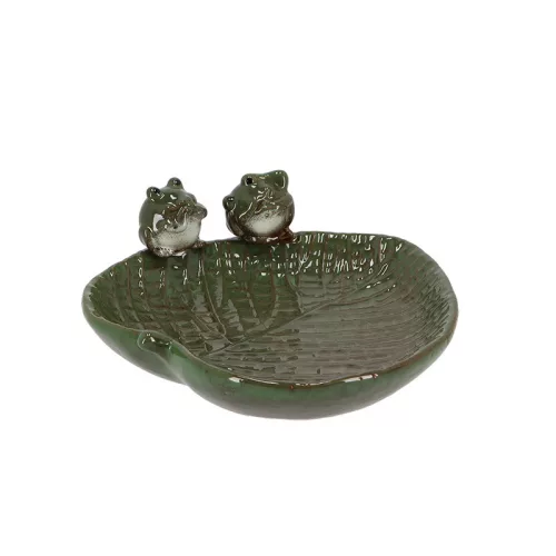 Levél alakú kerámia madáritató és madáretető, béka dekorációval, csomag, 12 db