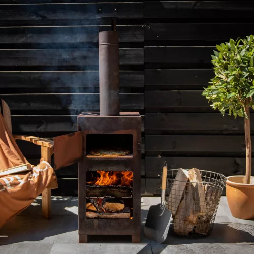 Rozsdásított felületű teraszfűtő és pizzasütő, pizzakővel és barbecue ráccsal, csomag, 2 db