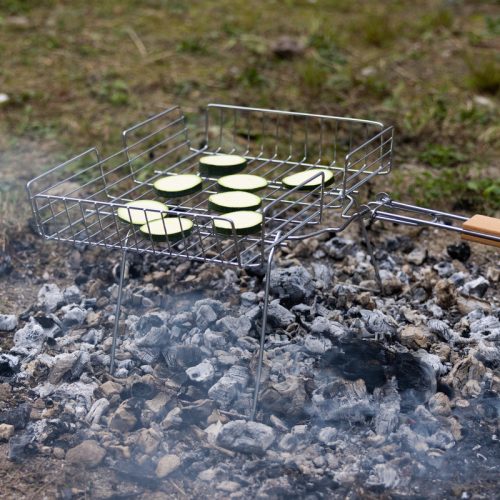 Grill kosár, összecsukható állvánnyal, 31,5 x 53 cm