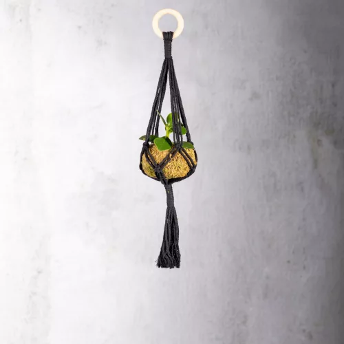Makramé virágtartó, fekete,  47 cm, csomag,  24 db